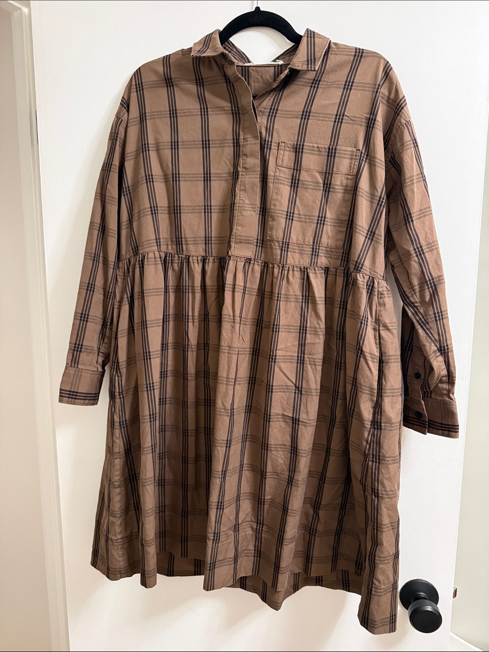 Everlane Brown & Black Plaid Long-Sleeve Casual Babydoll Dress Women’s Cotton